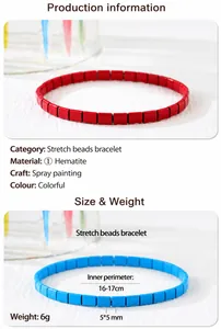 Detail von 5x5mm Hämatit-Tila-Perlen auf elastischen bunten Boho-Stapelarmbändern