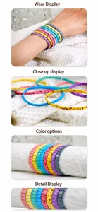 Macro shot of colorful Tila bead bracelets with enamel polka dot details and elastic band