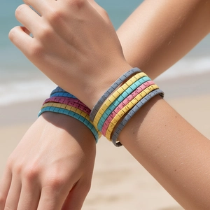 Bohemian Colorful Tila Beads Stretch Bracelet For Women Men Enamel Tile Bracelet With Splatter Pattern Summer Beach Jewelry