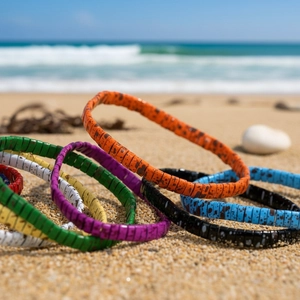 Colorful bohemian enamel tile bracelets set on beach with splash pattern detail