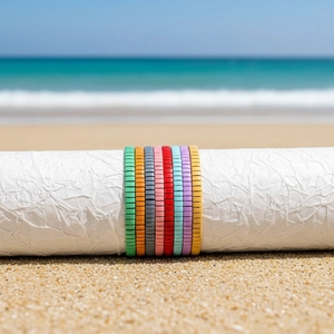 Lot de 8 bracelets de perles Tila bohèmes colorées sur un fond de plage ensoleillée