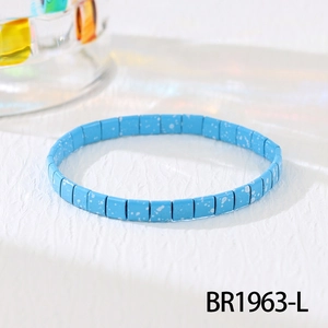 Detail of sky blue Tila bead elastic bracelet with white splash texture, item BR1963-L