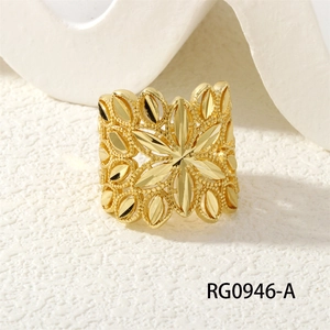 Detail showing hollow gold star ring with intricate bead edges and floral pattern