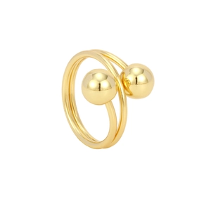 Modern gold double-layered ring with polished dual spheres in a minimalist orbital design