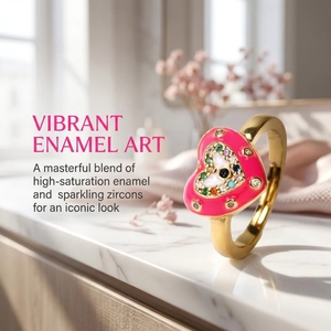 Detailed macro view of pink heart enamel ring with vibrant multi-color zircon stones