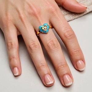 Adjustable gold open ring with blue heart enamel evil eye and colorful rhinestones