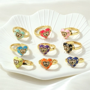 Adjustable gold heart evil eye ring with colorful oil drip and zircons in nine colors