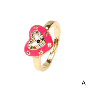 Adjustable golden open ring with pink enamel heart and multi-color evil eye design