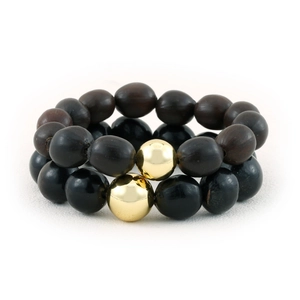 Set de bracelets en perles de bois pour hommes avec bois de poirier brun et perles noires