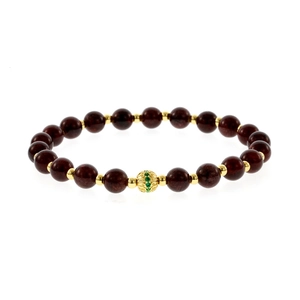 Retro tourmaline gemstone beaded bracelet with gold spacers and emerald-toned charm