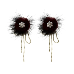 Elegant wine red plush flower tassel earrings with pearls for a sweet feminine look