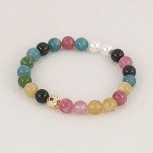 Colorful natural tourmaline beaded elastic bracelet with gold accents and pearls