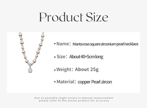 Detailed size specifications for the Manta rose square zirconium pearl necklace
