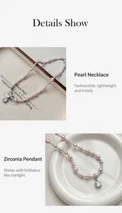 Detail showing pink pearl necklace with a square zirconia pendant in a claw setting