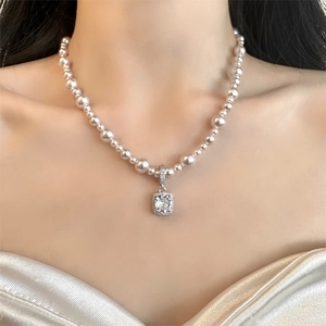 Elegant Artificial Pearl Necklace With Square Zirconia Pendant Plated Copper Chain For Women High-End Jewelry Accessory