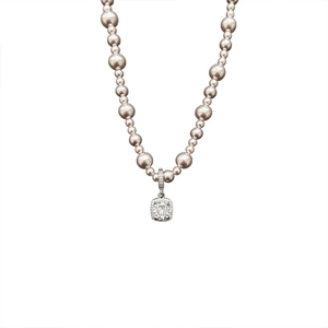 Elegant champagne pearl necklace with a square diamond-paved pendant on white background