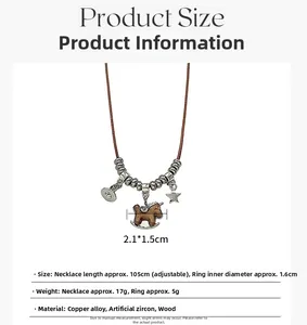 Detailed spec sheet of horse pendant necklace with size 2.1x1.5cm and 105cm adjustable cord