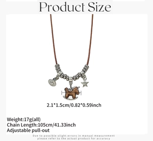 Detailed view of adjustable brown woven cord necklace with wooden horse pendant and beads