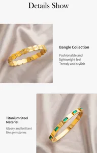 Vue détaillée de bracelets en acier titane doré avec pierres émeraude et motifs losanges