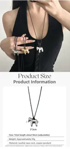 Detail showing adjustable black leather cord and pony pendant dimensions on necklace