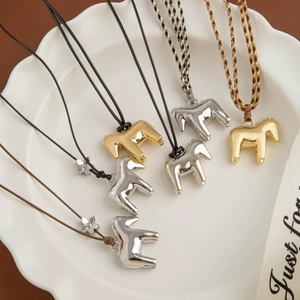 Unique horse and flower pendant necklace with metallic finish and woven cords for women