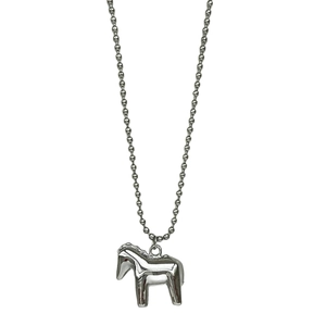 Minimalist silver ball chain necklace featuring a polished 3D pony horse pendant on white