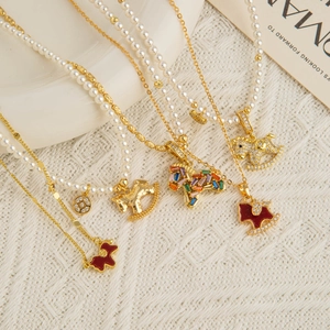 Retro carousel pendant necklaces featuring pearls, gold chains, and colorful zircons