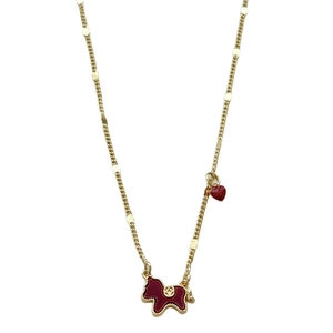 Vintage gold necklace with red enamel horse pendant and heart charm for women