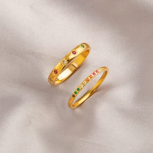 Verguld Roestvrij Staal Achtpuntige Ster Ring Kleurrijke Regenboog Zirkonia Ingelegde Ring Mode Luxe Vrouwen Sieraden