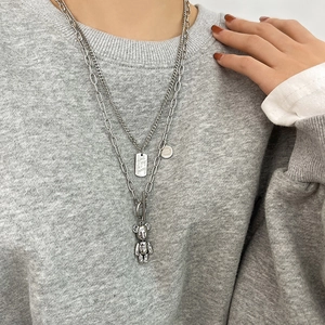 Vintage Edelstahl Zweischichtige Teddybär Anhänger Halskette Mit Quadratischem Anhänger OT Schnalle Silber Schmuck Für Damen