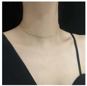 Close-up of minimalist golden titanium steel choker chain worn on model neck