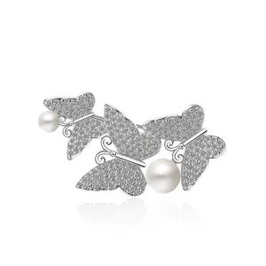 Elegant Copper Butterfly Brooch Pin With Cubic Zirconia And White Artificial Pearl Inlaid Platinum Plated Jewelry For Women Wedding