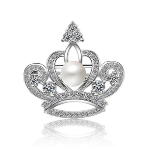 Elegant Korean Zircon Crown Brooch For Women Luxury Copper Plated Platinum Brooch Pin With ABS Artificial Pearl Wedding Jewelry