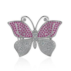 Elegant silver butterfly brooch featuring pink and clear zircon stones on a white background