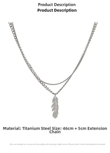 Detailed view of silver titanium steel double-layer feather necklace with chain measurements