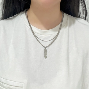 Double Layer Feather Pendant Necklace Stainless Steel Titanium Steel Snake Bone Chain Stacked Style For Women Men Hip Hop Jewelry