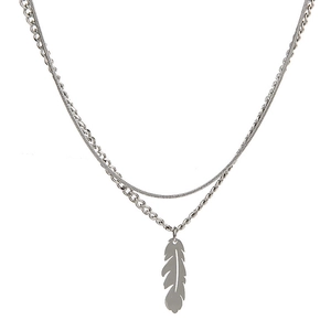 Double-layered titanium steel necklace with feather pendant and snake chain for layering