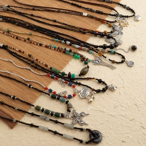 Etnische Vintage Hanger Halsketting Voor Vrouwen Kralen Sleutelbeen Ketting Legering Natuursteen Parel Vlinder Veiligheidsslot Sieraden Cadeau