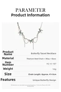 Macro shot of butterfly tassel necklace details featuring titanium steel chain and glass charm