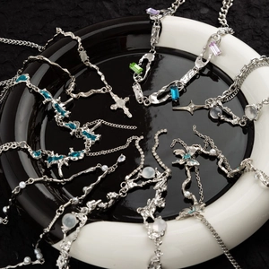 Silver titanium necklace with butterfly cross charms, colorful zircons and pearls