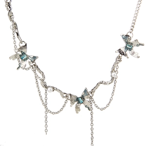 Titanium steel necklace with silver butterfly pendants, blue gems and white pearls