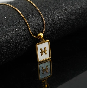 Macro shot of 18K gold plated Pisces zodiac square shell pendant with fine snake chain