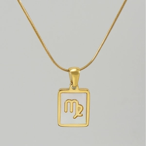 Detailed close-up of 18K gold stainless steel Virgo necklace with white shell pendant