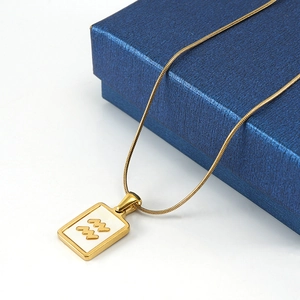 Macro view of 18K gold stainless steel Aquarius shell pendant on a blue jewelry box