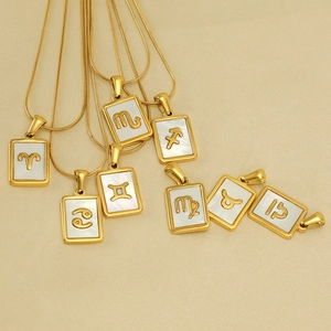 18K Gold Plated Stainless Steel Zodiac Necklace Women Rectangular Shell Pendant Snake Chain Astrology Jewelry Gift