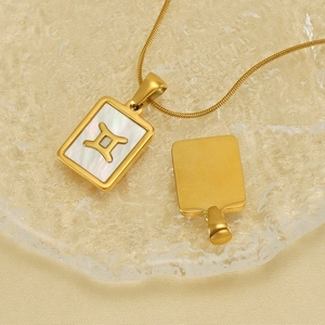 18K gold plated stainless steel Gemini necklace with square mother of pearl pendant
