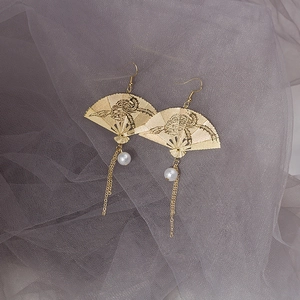 925 Chinese style folding fan earrings with gold pearl tassels and mythical beast patterns