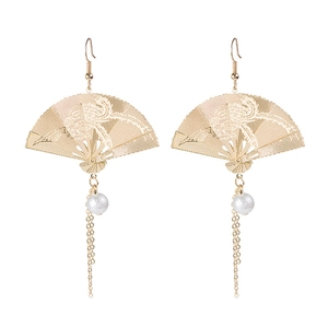 Chinese style folding fan earrings with dragon pattern and pearl tassels in gold