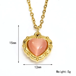 Collier vintage français avec pendentif cœur œil de chat en acier titane plaqué or 18k