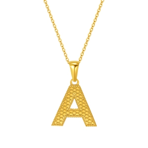 Golden capital letter A pendant necklace with textured dots and fine cable chain for women